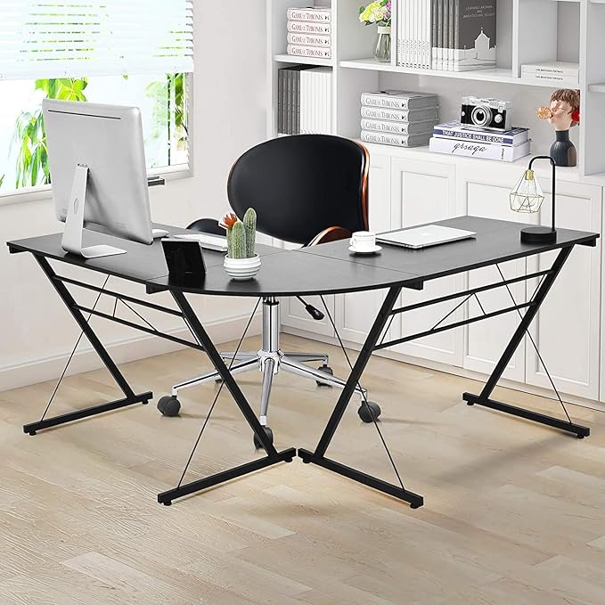 GRAFFY L-Shaped Computer Desk - Gaming Corner Workstation with Large Monitor Stand Round Corner Multifunctional Home Office Desk (Black)