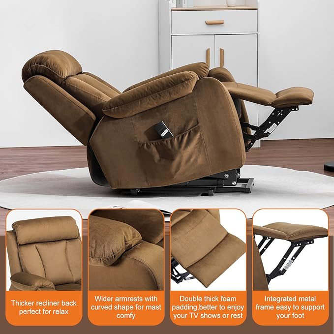 DAZONE Brown Small Power Lift Recliner Chair for Elderly - Quiet Motor Electric Recliner with Overstuffed Comfort with Space-Saving Design for Living Room Bedroom