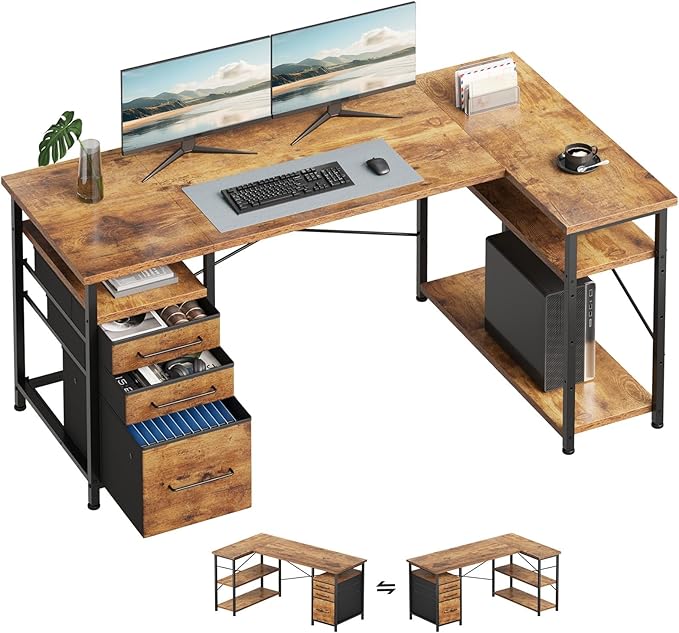 55 Computer Desk with Drawers Desks for Bedrooms Writing Desk with Storage Work Desk for Small Space Rustic Brown