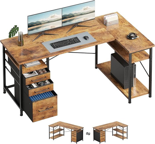 55 Computer Desk with Drawers Desks for Bedrooms Writing Desk with Storage Work Desk for Small Space Rustic Brown