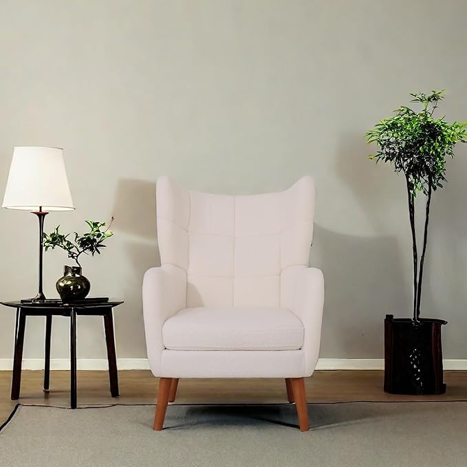 Mid-Century Accent Chair Ivory White Modern Retro Club Chair Birch Frame Upholstered Teddy Wool Fabric Single Sofa Armchair for Small Spaces Living Room Bedroom Reading Corner BalconyOffice