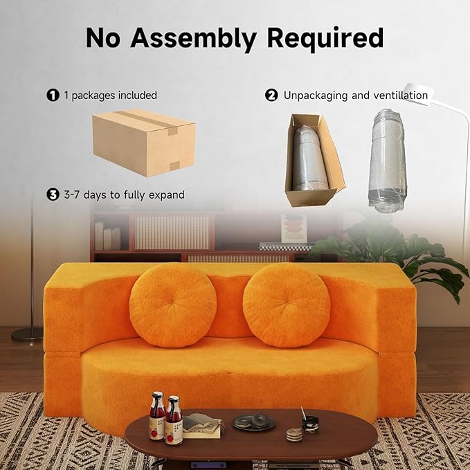 2-in-1 Full Size Convertible Floor Sleeper Couch Sofa Bed78”Folding Boneless Large Futon Loveseat Sofa with 2 Pillows Foam-Filled Compression Guest Couches Bed for Living Room (Yellow)