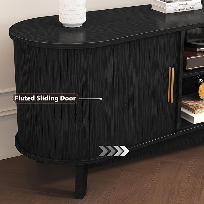 Mid Century Modern TV Stand for 65 Inch TVs Fluted TV Stands with Open Shelves and Sliding Door Media Cabinet with Power Outlet Entertainment Center with Storage for Living Room Black