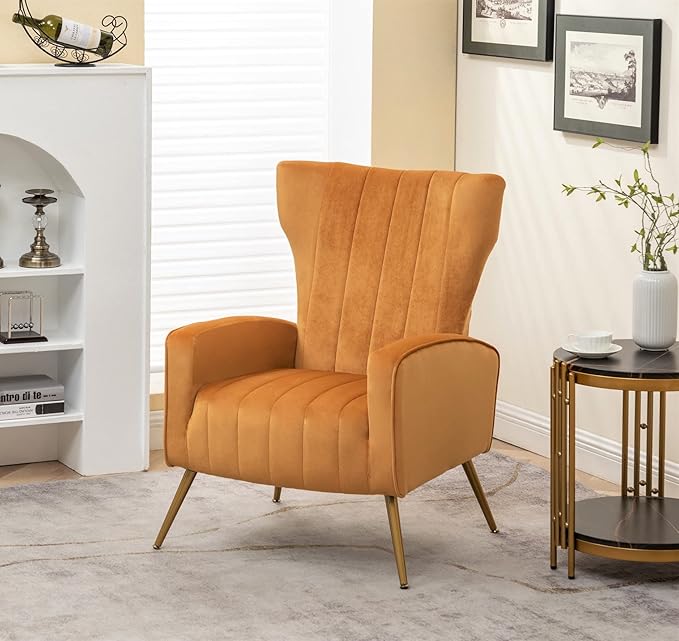 Modern Velvet Accent Chair Channel Tufted Bedroom Office or Living Room Furniture with Elegant Metal Legs 26 Wide Armchair Mustard Yellow