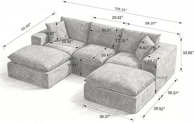 KEIKI 108 U-Shaped Oversized Chenille Modular Sectional Sofa with 2 Ottoman &amp High-Density Foam Cushion &amp Pillows Upholstered Modern Cloud 3-Seater Couch Easy Assembly for Living Room Dar