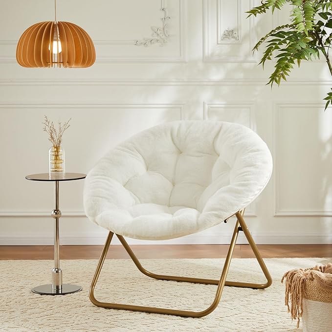 Simple Deluxe Saucer Chair Round Foldable Reading Chairs X-Large Size Cozy Papasan Chair Comfy Furry Padded Moon Chair Round Dorm Chairs for Bedroom Living Room White