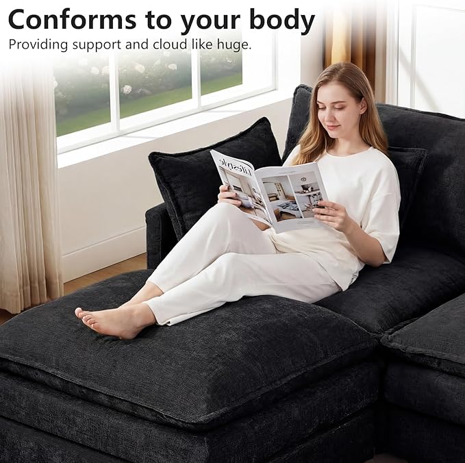 GNIXUU 102 Modular Sectional Sofa L Shaped Cloud Couch with Movable Ottoman &amp 4 Pillows Deep Seat Chenille 4 Seater Sectional Couches for Living Room Apartment (Black)