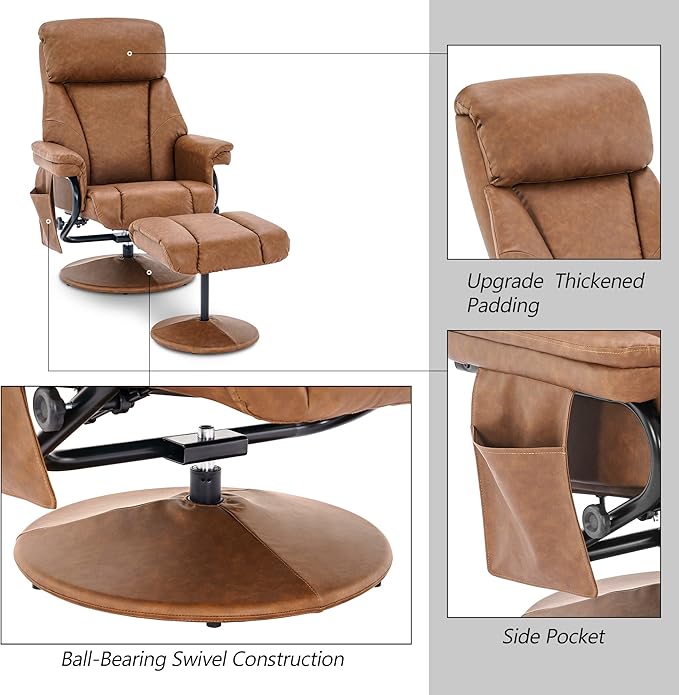 MCombo Swivel Recliner with Ottoman TV Chair with Vibration Massage Ideal for RV Small Space Living Room &amp Bedroom 4539 4828 (Faux Leather Saddle)