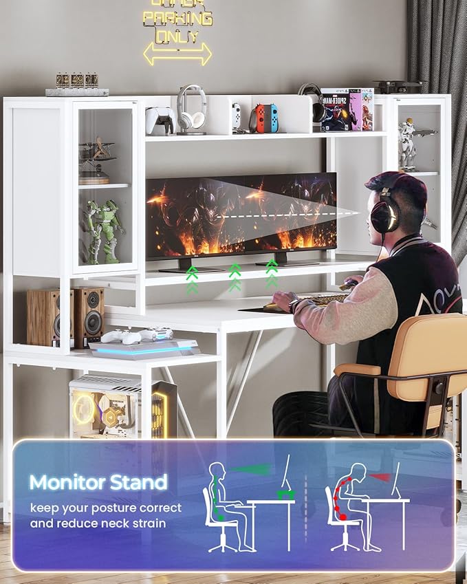 SEDETA Gaming Desk 74.8'' with LED Lights Hutch and Storage Shelves Computer Desk with Monitor Stand Large PC Gamer Desk Workstation Ergonomic Gaming Table for Bedroom Living Room White