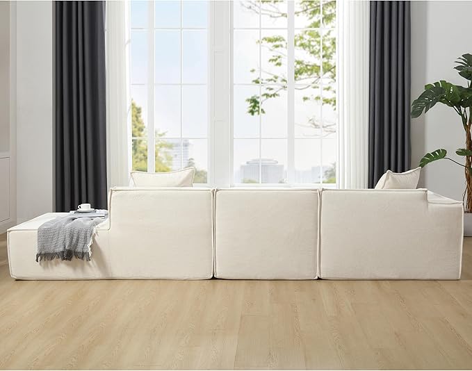 129.5'' Towelling Fabric L-Shaped Modular Sectional Sofa Tofu Block Floor Sofa with 3 Pillows for Living Room (Beige Left-Hand Facing)