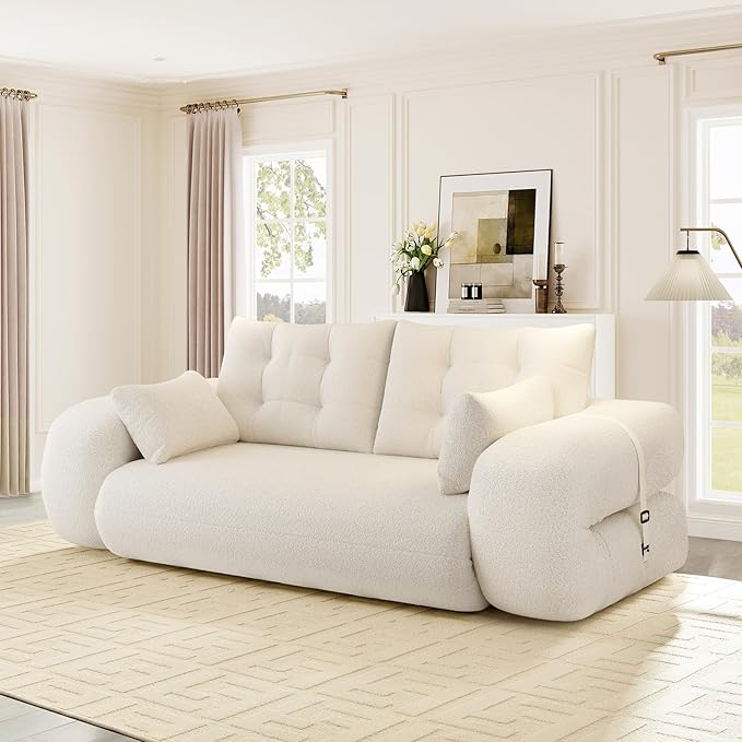 Convertible Sofa Bed with Folding Mattress Oversized Human Dog Bed 3-in-1 Sleeper Couch with Pillows and Thick Armrests 78.7 King Size Floor Sofa for Living Room Bedroom Guest Room White Teddy