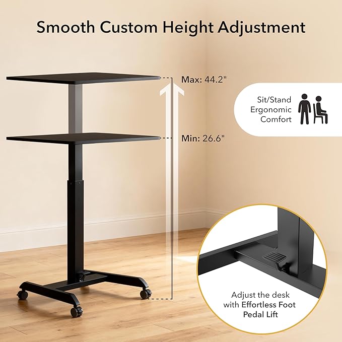 Mount-It! Rolling Laptop Desk Adjustable Height (29.6”-44.2”) Mobile Workstation Cart with 23.6” x 20.5” Desktop Small Sit-Stand Desk for Home Office or Classroom in Black