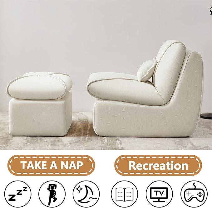 29” Oversized Lazy Sofa Chair and Ottoman Set Chaise Lounge Chair Indoor with Pillows Comfy Reading Couch for Adults Suitable for Living Room Small Spaces Memory Foam Chenille (Beige-1)