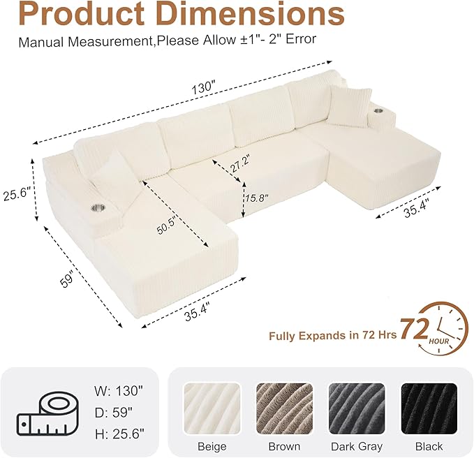 130'' U Shaped Cloud Sectional Couch Modular Boneless Couch for Living Room Corduroy Fabric Cloud Sofa with Supported Pillows and 2 Cup Holders No Assembly Beige