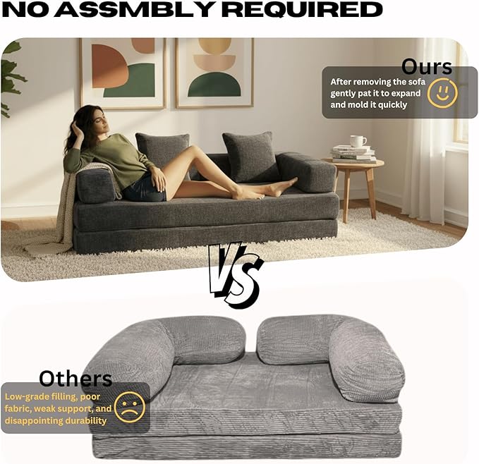 4-in-1 Folding Convertible Sofa Bed 77 Floor Couch with Pillow - Chenille Fabric &amp High-Density Sponge &amp Fixed-Shape Frame Modular Sofa for Living Room/Lounge/Studio Dark Grey