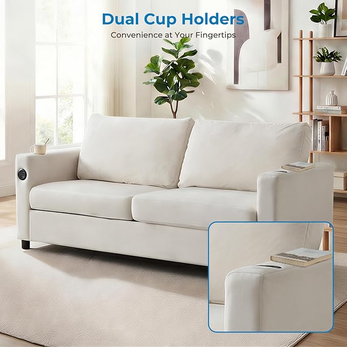 Mjkone 2-in-1 Full Size Pull Out Sofa Bed 72 Convertible Sleeper Couch Beds Velvet Sleeper Sofa Couch with Mattress USB Charging Ports Cup Holders Guest Beds for Living Room Apartment Beige