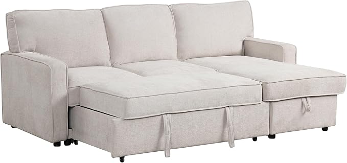L-Shaped Convertible Sectional Sofa with Storage Space Upholstery Sleeper Sectional Sofa with USB Port and 2 Cup Holders on Back Cushions 3-Seat Sofa Furniture for Living Room Office (Beige-89'W)