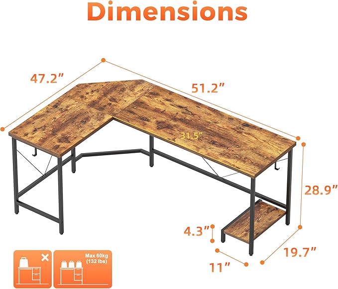 Mericonia 50 inch Large L Shaped Desk Simple Corner Gaming Desk with CPU Stand &amp Hooks Computer Desk for Home Bedroom &amp Office Workspace Rustic Brown