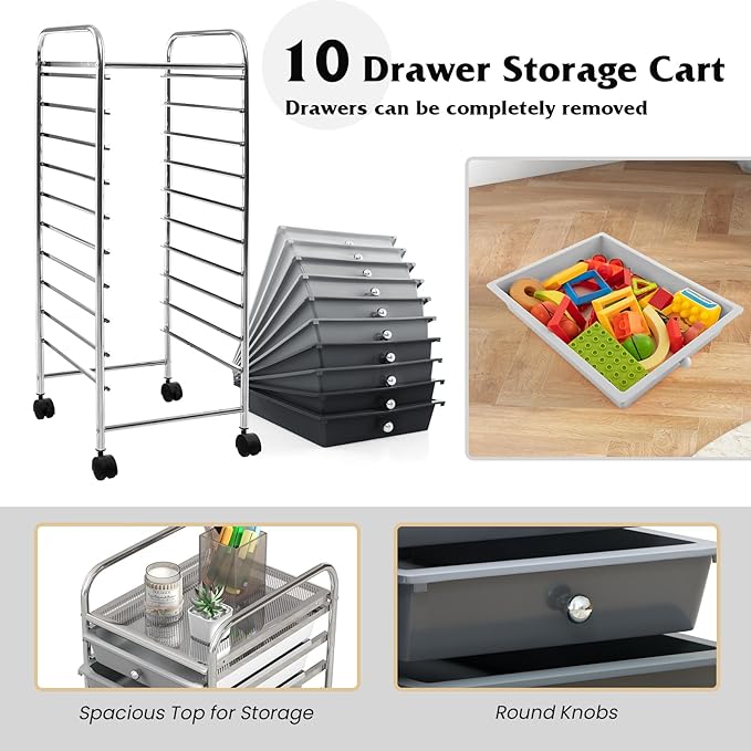 Giantex 10-Drawer Storage Cart w/Universal Wheel Rolling Cart w/Handle Home Organizer Storage Unit w/Removable Drawers Trolley Utility Cart for Kitchen Makeup Living Room Office Play Room