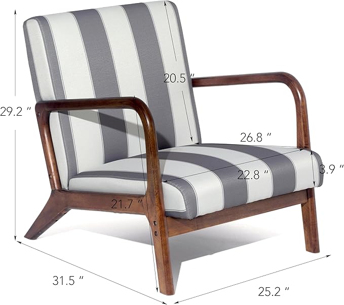 Cotton Accent Chair Mid-Century Modern Living Room Armchair with Nailhead Trim &amp Wood Legs Comfy Upholstered Single Sofa Modern Accent Chair Single Wood Frame Living Room Armchair Stripped Gray Wh