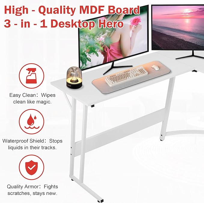 Bigacc L Shaped Gaming Desk 50 Corner Desk Spacious Dual Tops P2 Particleboard Metal Z-Legs Adjustable Non-Slip Pads Scratch/Waterproof Multi-Use Home Office/Game Room/Dorm