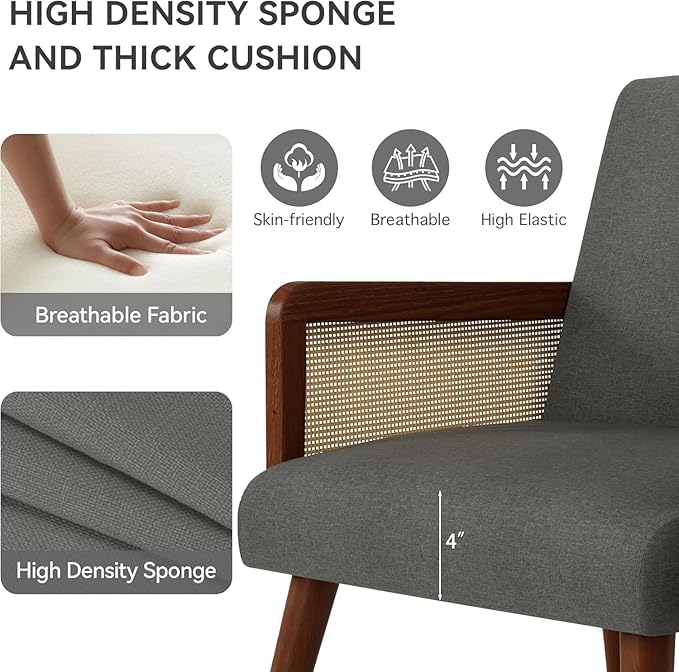 Accent Chair with Rattan Arms Set of 2Dining Chairs with Wood Legs Modern Armchair for BedroomLiving Room and Kitchen Lounge Reading Chair Grey
