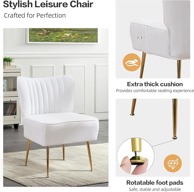 Accent Chair Set of 2 Upholstered Velvet Wingback Side Chairs Modern Armless Living Room Chairs with Golden Legs Vanity Chair for Bedroom White