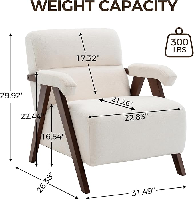 Accent Chair Set of 2 Mid Century Modern Living Room Chairs with Thick Cushion Comfy Upholstered Armchair Cozy Small Side Chairs for Reading Room Bedroom Ivory