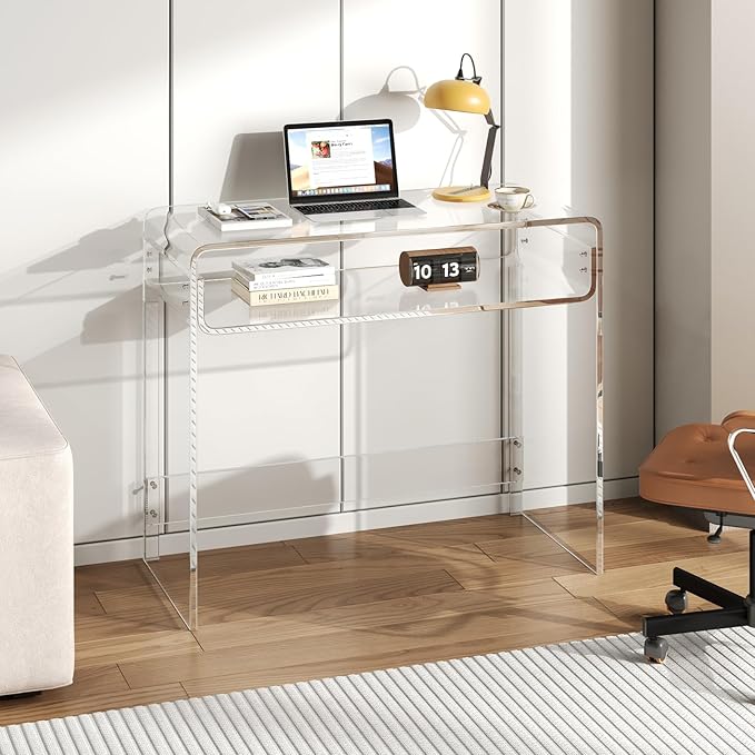 Acrylic Office Desk Modern Laptop Writing Study Table with Open Storage Transparent Console Entryway Table 33.5 L x 15.8 W x 29.5 H for Home Bedroom (Clear)