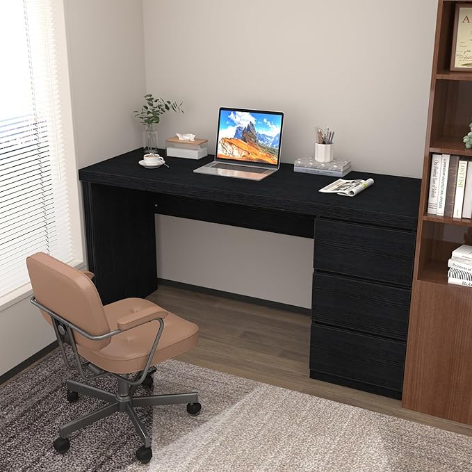 Desk with Drawers Black Computer Desk Table with 3 Drawer Large Space Writing Desk with Drawers for Home Office Modern Simple Design 53.3 Inch