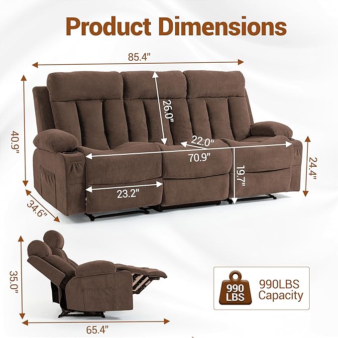 3 Seater Reclining Sofa Couch with Cup Holders Comfy Triple Manual Fabric Recliner Chair for Living Room Home Theater Office Brown