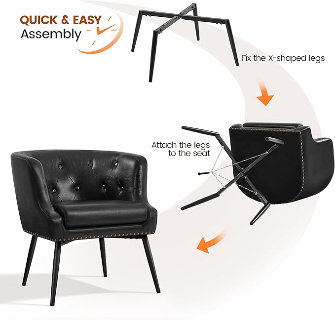 Yaheetech Modern Accent Chair Faux Leather Retro Armchair Upholstered Barrel Chair with Metal Leg and Comfy Seat Cushion for Living Room Bedroom Black Set of 2