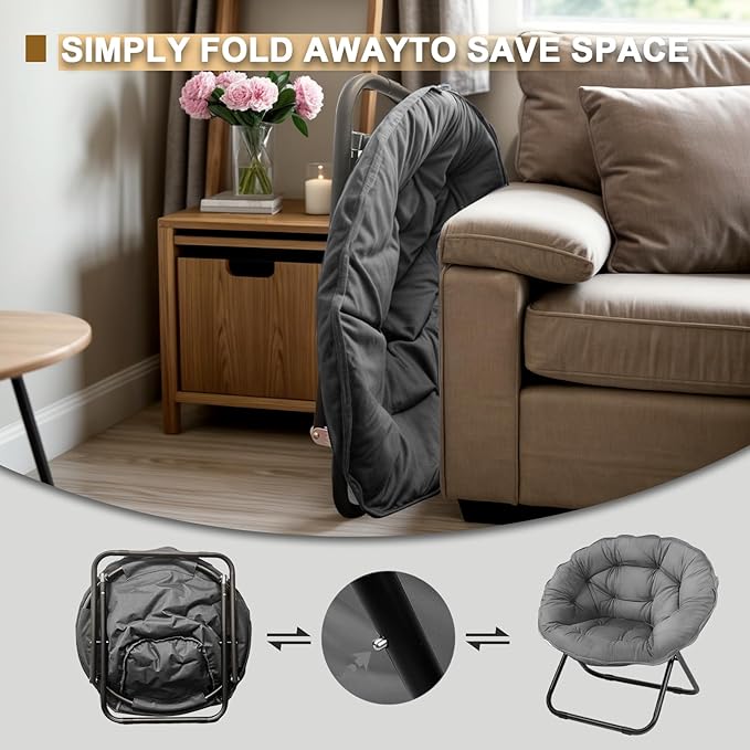 Folding Saucer Chair Lazy Moon Chair with Metal Frame Comfy Bedroom Chairs for Bedroom Living Room Study Grey JC