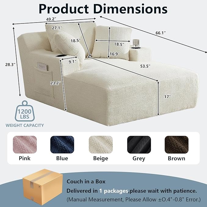49.2Oversized Chaise Lounge Chair IndoorFaux Fur Boneless Reading Chair with Cup Holder&ampSide PocketsCloud Sofa BedComfy Modern Sleeper Chairs in Box for Living RoomNo Assembly(Light Grey)