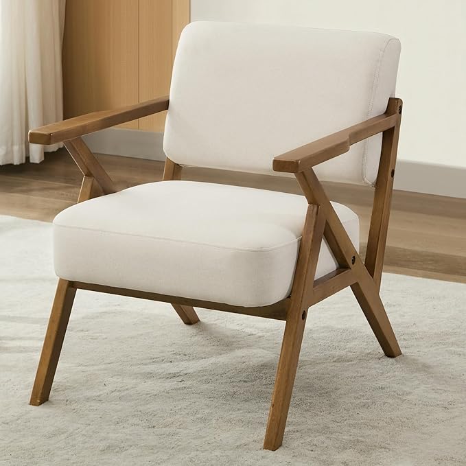 Mid-Century Modern Chair Upholstered Lounge Arm Chair with Solid Wood Frame Thicker Cushion for Living Room Reading Balcony Beige Linen