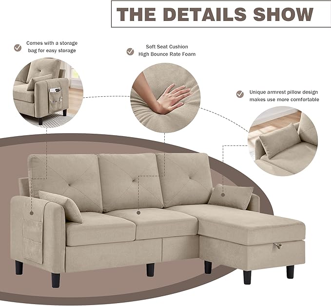 Convertible Sectional Sofa 77 Small L Shaped 3 Seat Couch with Reversible Storage Chaise Modern Polyester Fabric Sofa Couches for Living Room Apartment and Small Space Beige