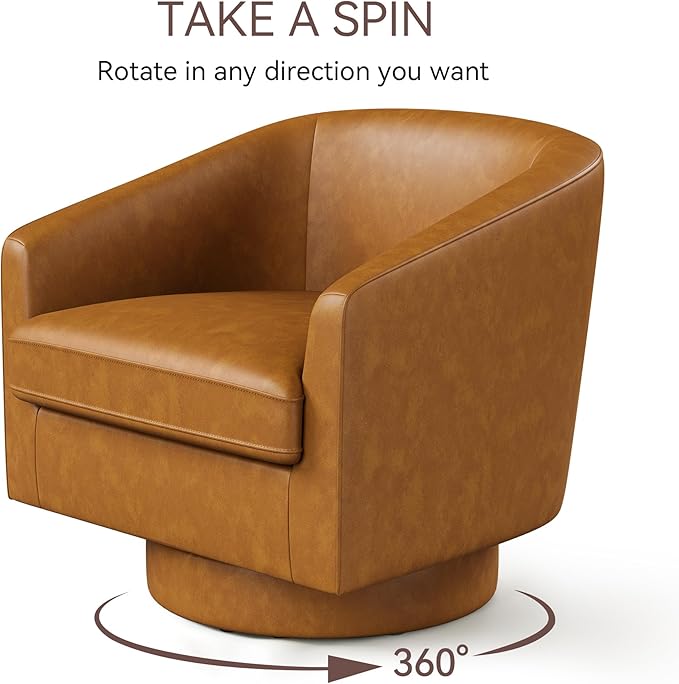 Swivel Barrel Accent Chair Round Faux Leather Living Room Arm Chairs Modern Upholstered Comfty Reading Nook Chairs for Bedroom Small Club Armchair Single Sofa Side Chair Brown