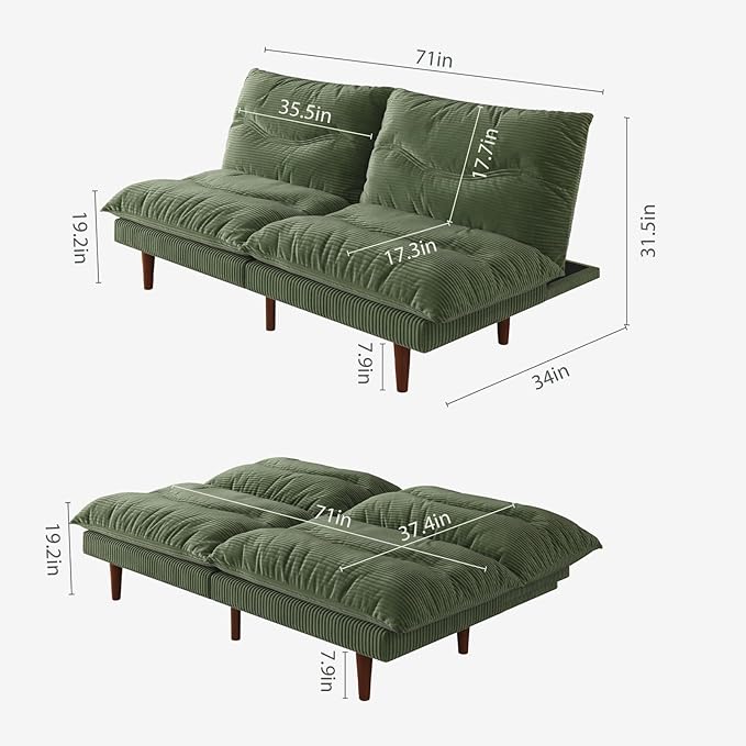 LLappuil Futon Sofa Bed 69 inch Futon Couch with Adjustable Backrest Corduroy Convertible Sleeper Sofa Bed Folding Sleeper Recliner Loveseat for Apartment Living Room Office (Green)