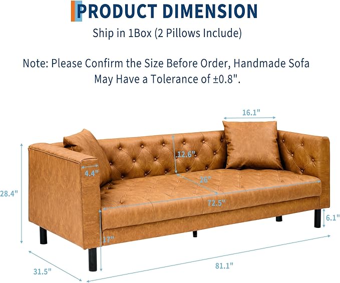 Mid Century Modern Leather Sofa 81 Inch Chesterfield Style 3 Seat Couch with Deep 26 Seats Button Tufted Upholstery Includes 2 Pillows for Living Room Apartment or Office Orange