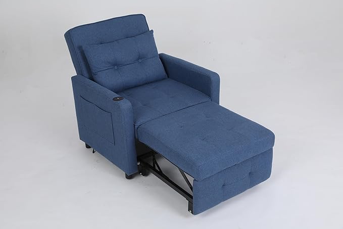 KEIKI Sleeper Chair Bed 3-in-1 Convertible Pull Out Sleeper Chair Bed Convertible Sofa Bed with USB Ports Side Pocket Single Armchair for Small Spaces Living Room Apartment Navy Blue