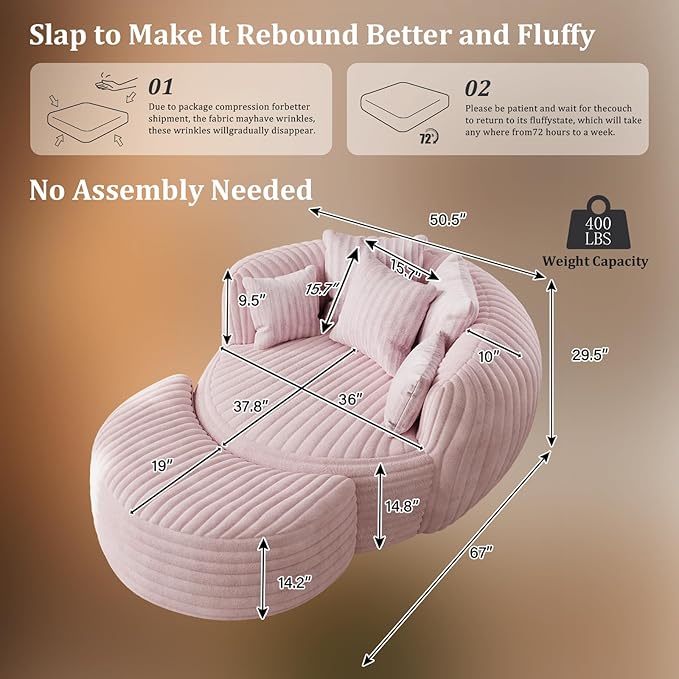 50 Oversized Chaise Lounge Indoor Round Reading Chair Lounge Chair with Ottoman Boneless Sofa Bed Large Fluffy Plush Corduroy Chaise Chair for Living Room Playroom Bedroom Pink