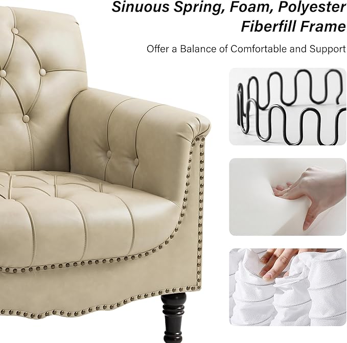 Faux Leather Accent Chair PU Leather Modern Comfy Upholstered Armchair with Wood Legs &amp Nailhead Trim for Living Room Bedroom (BeigeSet of 1)