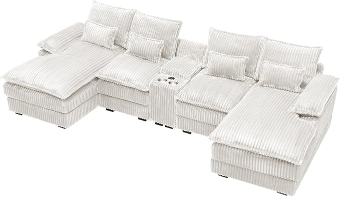 124 Cloud Couch Sectional U Shaped White Sectional Couches for Living Room Plush Soft Comfy Fluffy Corduroy Couch Sectionals Modular Sectional Sofa with Chaise &amp Central Console