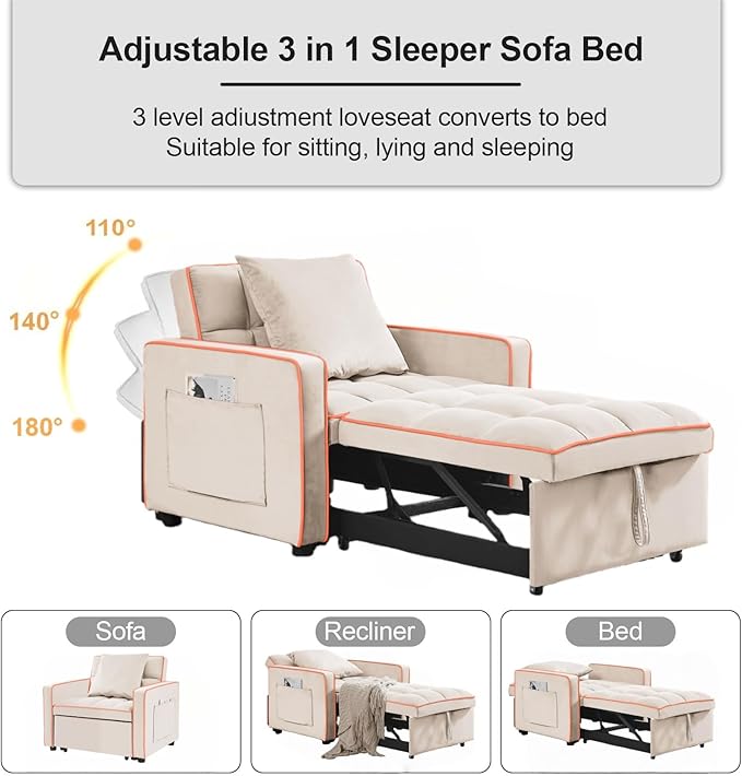 3 in 1 Convertible Sleeper Sofa Chair 35 Pull Out Sofa Bed Recliner for Adult with Adjustable Backrest Velvet Fabric Sleeper Couch Single Modern Chair for Living Room Bedroom Cream White