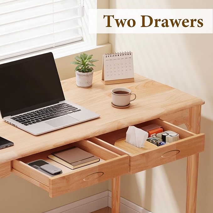 47 Solid Wood Desk with Drawers Small Home Office Writing Wooden Desk Gaming &amp Computer Desk for Bedroom Work Study Table for Small Space(Beech47Inch)