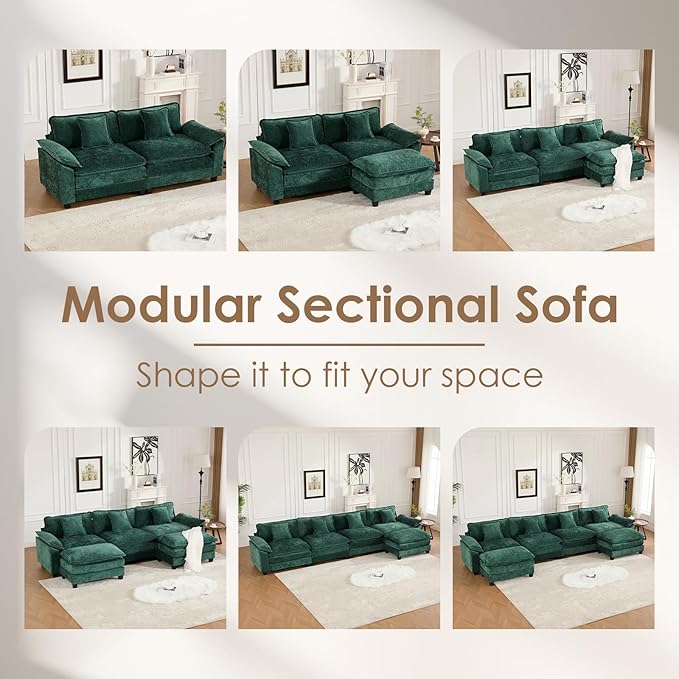152.8 Modern Chenille Modular Cloud Sofa 4 Seater L Shaped Couch with Spring Cushions Featuring Deep Seats and Pillows Easy Assembly Comfy Large Sectional Couches for Living Room Green