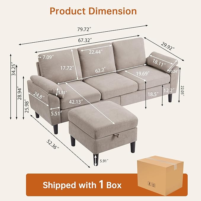 80 Convertible Sectional Sofa Small L Shaped 3 Seat Couch with Reversible Chaise Modern Fabric Sofa Couches for Living Room Apartment and Small Space Beige