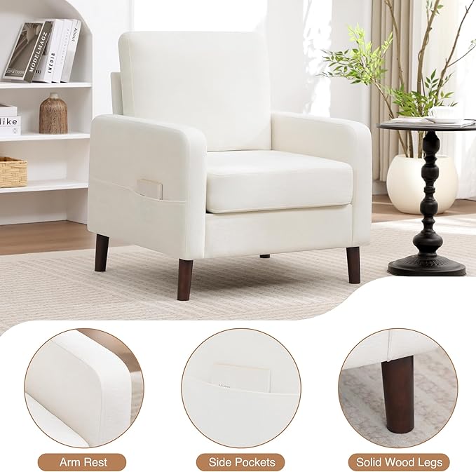 Accent Chair Set of 2 Upholstered Living Room Chairs with Wood Legs and Side Pockets Modern Reading Chair for Bedroom Armchair Single Sofa Side Chair for Office Small Room White