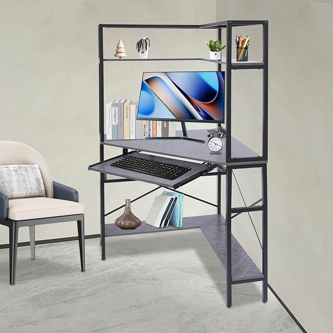 Corner DeskComputer Desk with Keyboard Tray with Power OutletsGaming Desk with LED LightTriangle Corner Desk Workstation with Bookshelves for Home Office Bedroom (Gray)