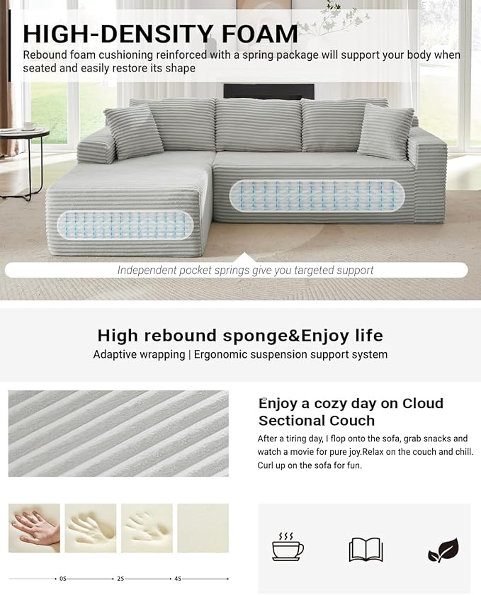 Cloud Sectional Couch 105 Inch Modular Sectional Sofa with Deep Seat Corduroy Boneless Couches with L-Shape Chaise for Living Room Bedroom Left Facing Chaise No Assembly Required (Light Grey)